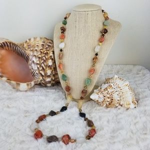 Vintage Semi Pecious Polished Stone Necklace Long w/clasp 70s